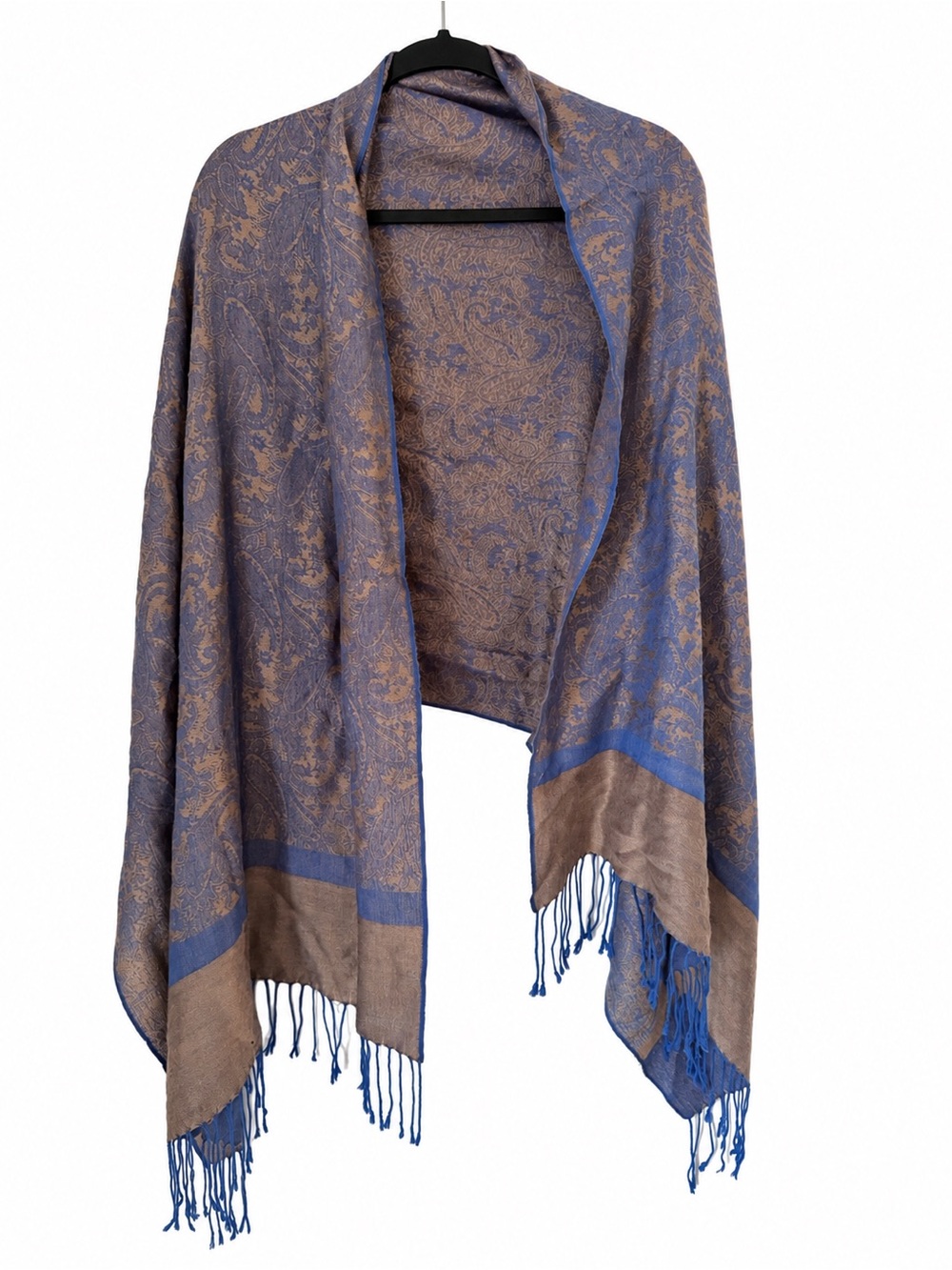 Pashmina Silk Blend Muted Blue Taupe Brown Paisley Shawl Wrap Scarf Fringe